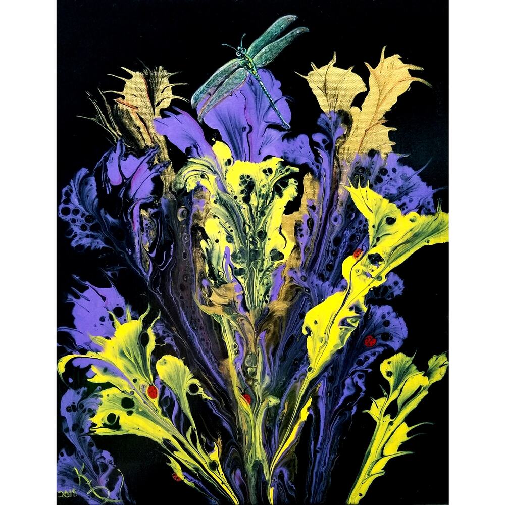 "Night Garden Dragonfly & Lady Bugs"  Art Print from my Original Work 11" x 14"
